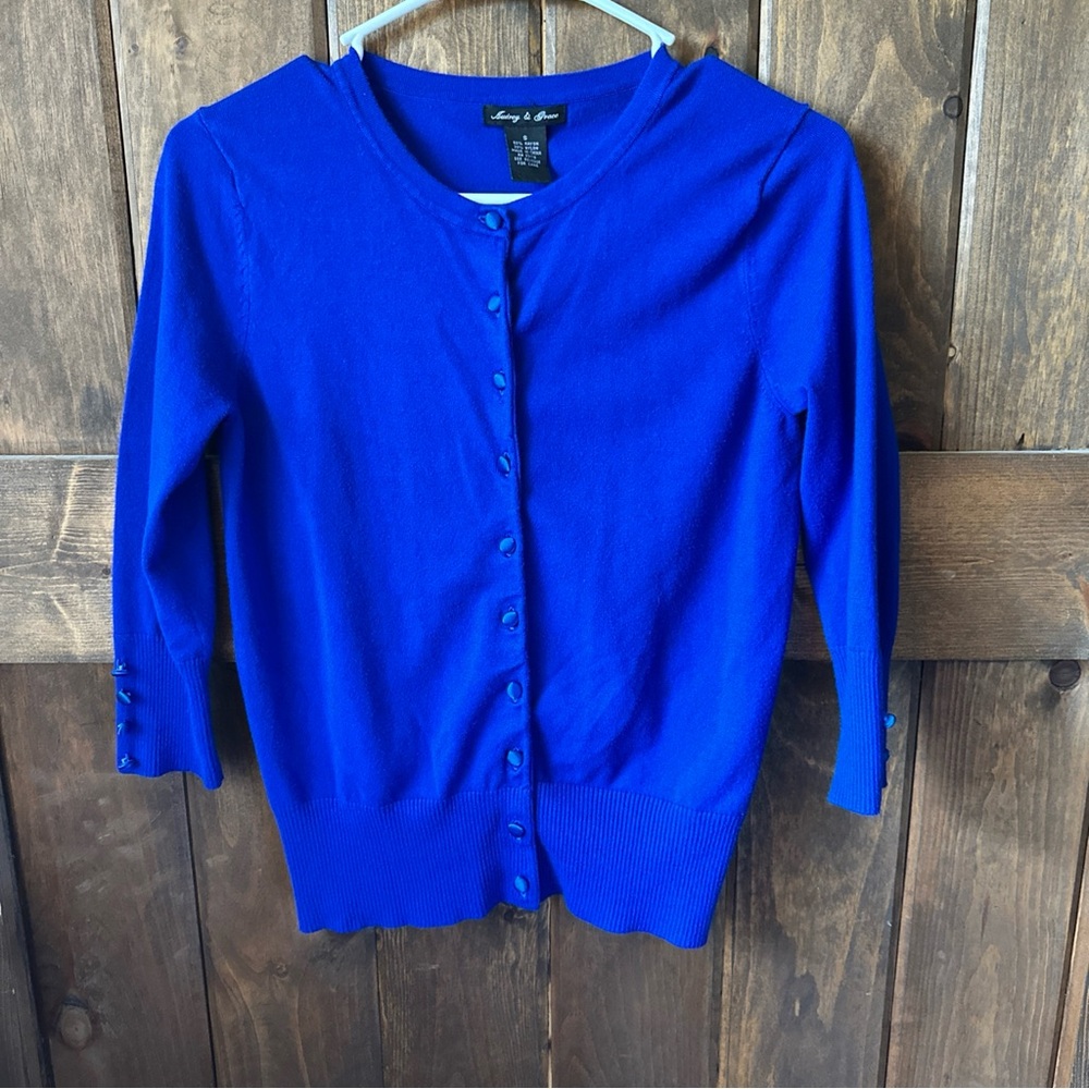 Women’s Audrey & Grace Cardigan Button Down Sweater 3/4 Sleeve Blue Size small